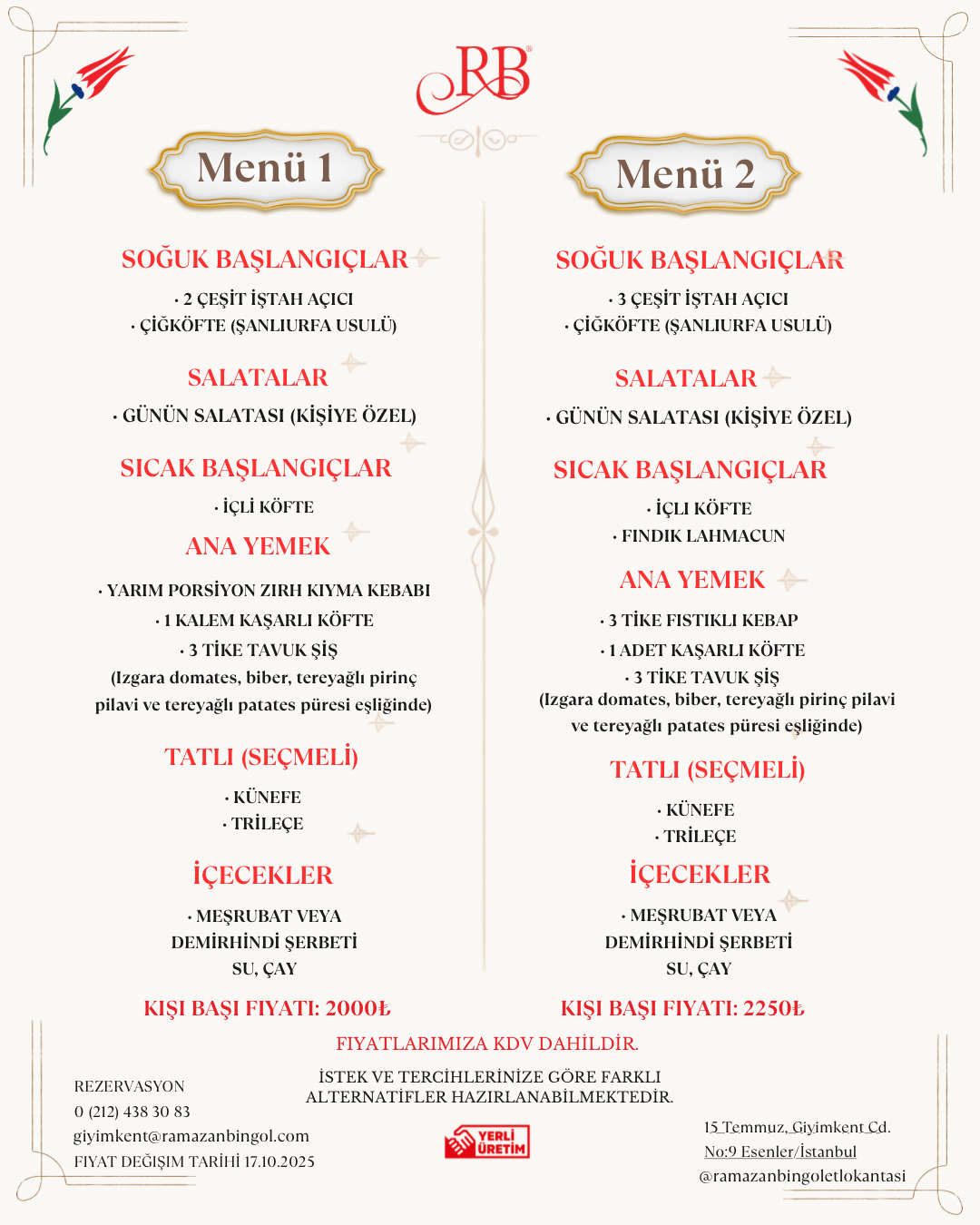 Menü 1 ve Menü 2